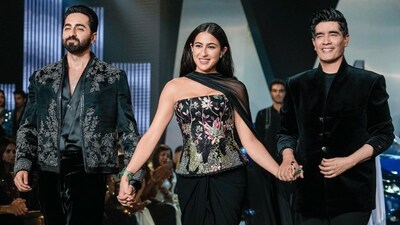 Ayushmann and Sara alongside Manish Malhotra at his grand return to the LFW runway Image: @manishmalhotraworld/Instagram