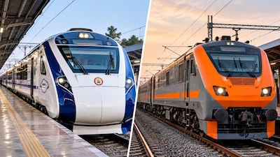 Vande Bharat vs Amrit Bharat explained. Discover 5 key differences in speed, coaches, comfort, facilities and fares before booking your next train journey. Photo: AI-generated