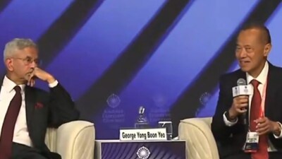 External Affairs Minister S Jaishankar with Singapore’s former foreign minister George Yeo at the 5th Kautilya Economic Conclave in New Delhi on Monday. Screengrab