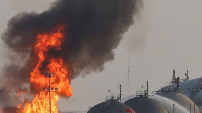 Flames burn at a facility belonging to Saudi oil giant Aramco south of Riyadh on October 3, 2026. (AFP)