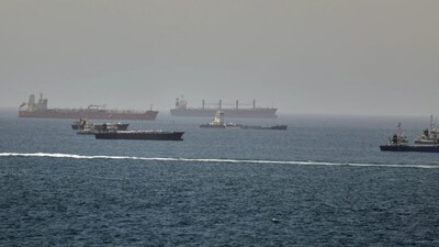 Tankers and cargo vessels are seen in the Gulf of Oman, along shipping routes linking the Strait of Hormuz and the Arabian Sea, Tuesday, June 16, 2026. File Image: AP