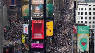 People attend a “No Kings” protest Saturday, March 28, 2026, in New York. File Image: AP