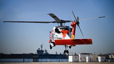 A US Coast Guard helicopter lifts off in San Diego on Friday. AP