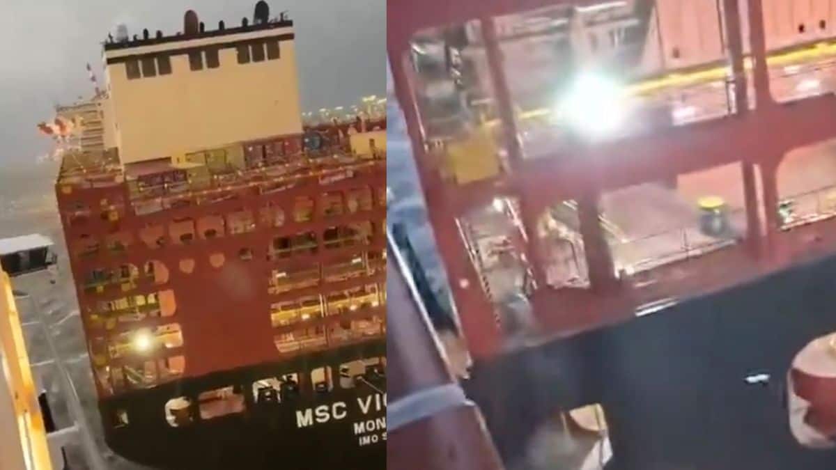 Luxury cruise ship Mein Schiff 3 collides with container vessel as it leaves storm-battered German port