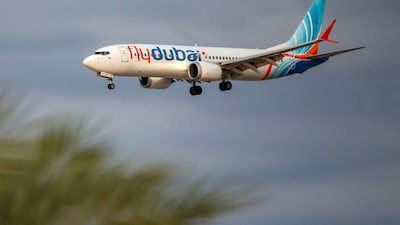 A flydubai Boeing 737 MAX 8 aircraft prepares for landing at Israel's Ben Gurion Airport in Lod. The plane had to be diverted to Saudi Arabia following an emergency signal. AFP