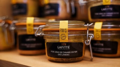 Jars of foie gras, produced by French producer Maison Lafitte, are displayed on a shelf at the company's shop in Paris, France, May 19, 2026. Representational Image/Reuters