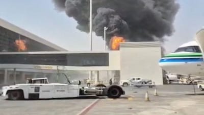 Smoke and flames rise from King Khalid Airport, after Yemen's Iran-backed Houthis said they attacked the airport, in Riyadh, Saudi Arabia on Saturday (October 10). Reuters