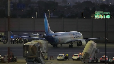 The flydubai aircraft carrying Israelis who experienced an emergency landing in Saudi Arabia is seen parked at Ben Gurion International Airport, near Tel Aviv, Israel. AP