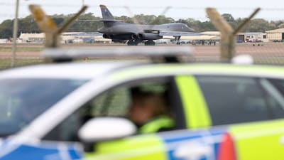A B‑1B Lancer bomber arrives at RAF Fairford airbase, after police declared a major incident at the base and arrested several men on suspicion of offences under the Explosives Act, who have since been released on bail, in Fairford, Gloucestershire, Britain. Reuters