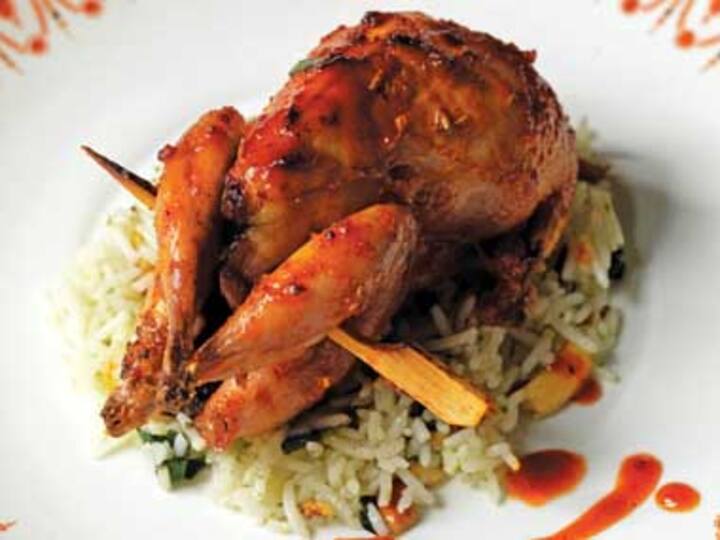 Tamarind glazed quail with pine nut and basil rice with roast gravy Tamarind glazed quail with pine nut and basil rice with roast gravy