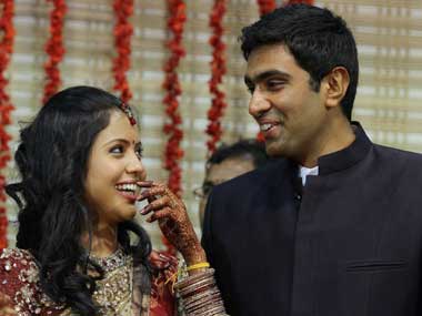 Pic: Chennai spinner Ashwin with bride Preeti Pic: Chennai spinner Ashwin with bride Preeti