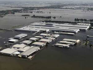 An aerial view of a flooded Honda car factory in Thailand