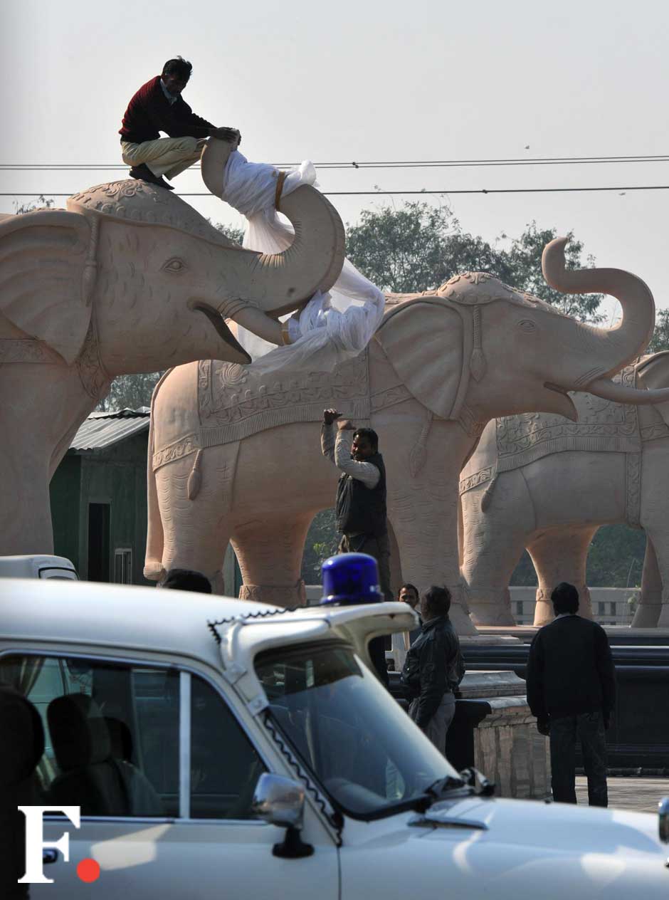 According to news reports, the plastic sheets proved to be too small to cover the elephants. Naresh Sharma/ Firstpost According to news reports, the plastic sheets proved to be too small to cover the elephants. Naresh Sharma/ Firstpost