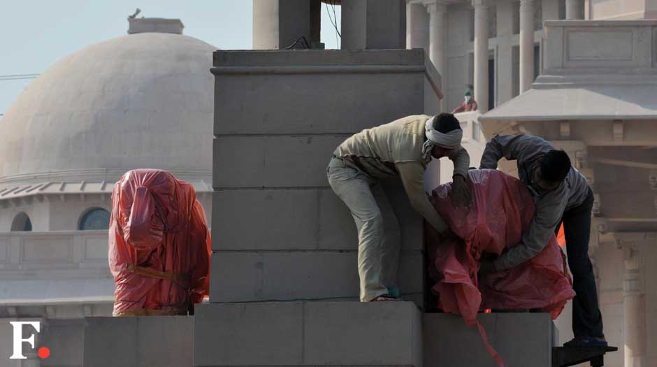 The elephants are being draped in pink plastic. Naresh Sharma/ Firstpost The elephants are being draped in pink plastic. Naresh Sharma/ Firstpost