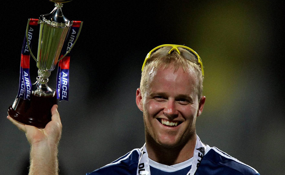 Richard Levi shows man of the match trophy after won the first match of the league. PTI Richard Levi shows man of the match trophy after won the first match of the league. PTI