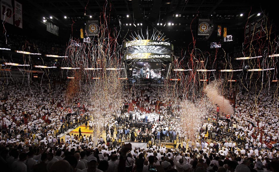 The Miami Heat celebrate after Game 5 of the NBA finals basketball series against the Oklahoma City Thunder, Friday, June 22, 2012, in Miami. The Heat won 121-106 to become the 2012 NBA Champions. AP The Miami Heat celebrate after Game 5 of the NBA finals basketball series against the Oklahoma City Thunder, Friday, June 22, 2012, in Miami. The Heat won 121-106 to become the 2012 NBA Champions. AP