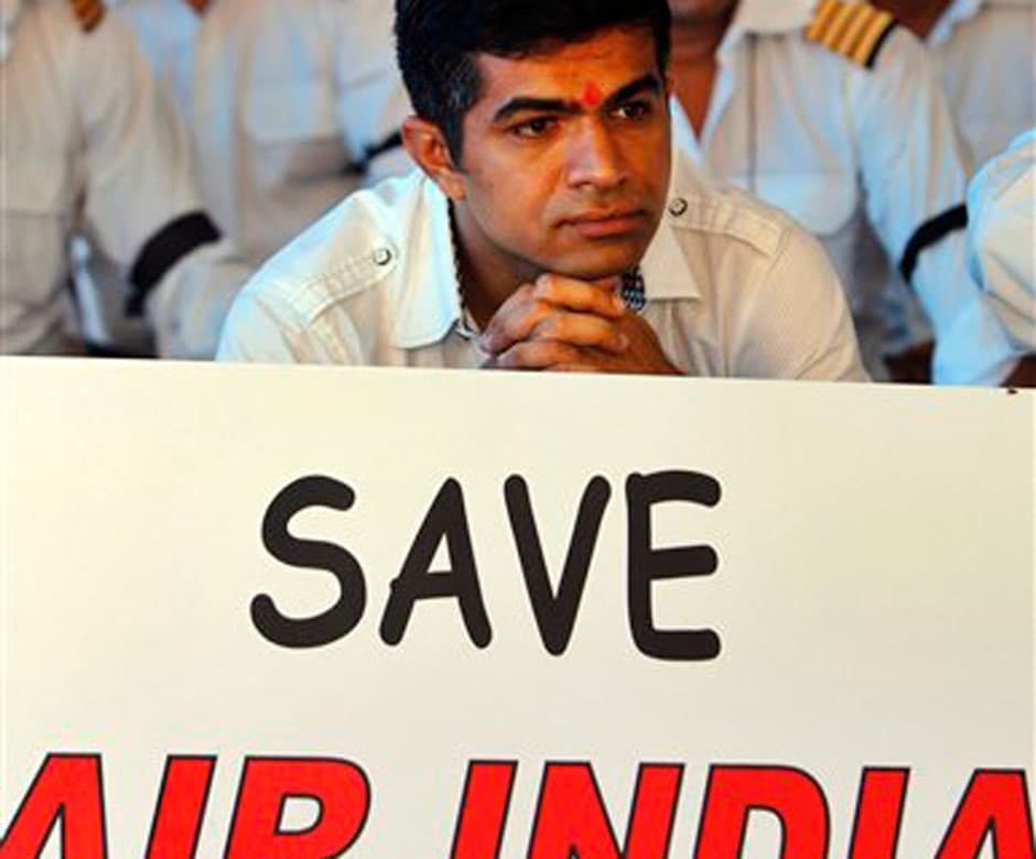 An Air India pilot who has been on strike with his colleagues since 7 May participates in the hunger strike. AP An Air India pilot who has been on strike with his colleagues since 7 May participates in the hunger strike. AP