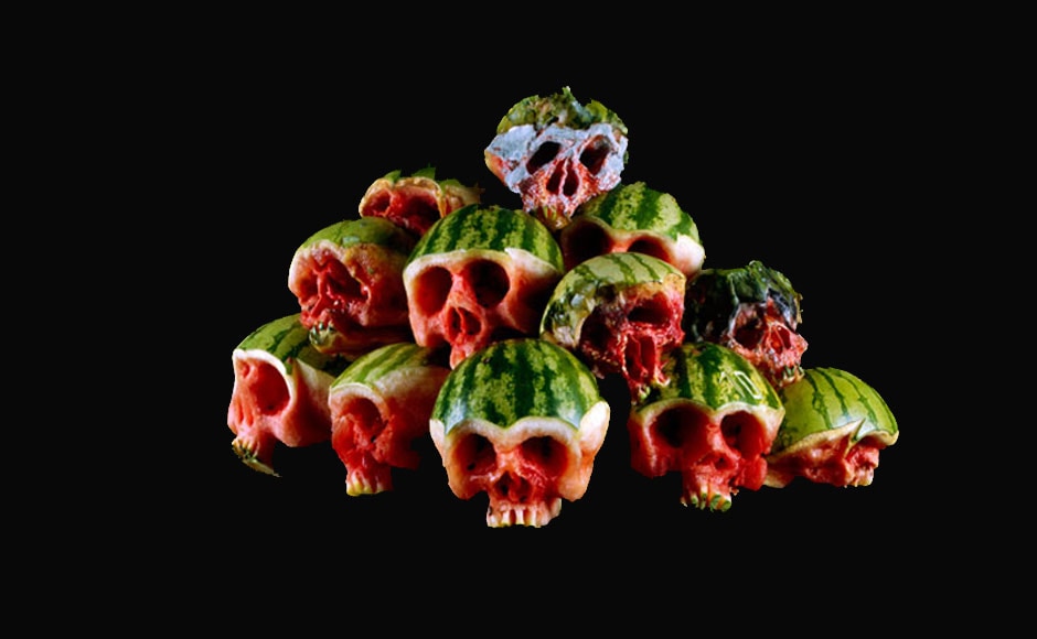 A group of watermelon skulls. A group of watermelon skulls.