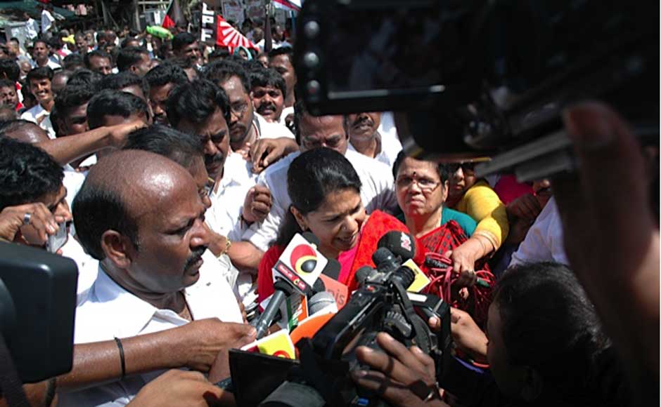 Kanimozhi courting arrest at Saidapet in the city as part of the DMK's Kanimozhi courting arrest at Saidapet in the city as part of the DMK's