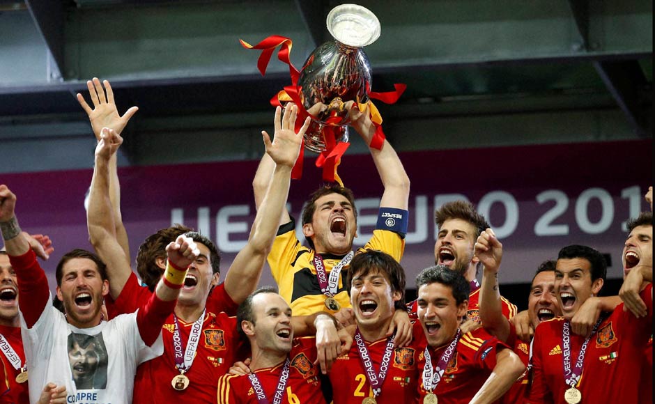 Spanish goalkeeper Iker Casillas lifts the Euro trophy. AP Spanish goalkeeper Iker Casillas lifts the Euro trophy. AP