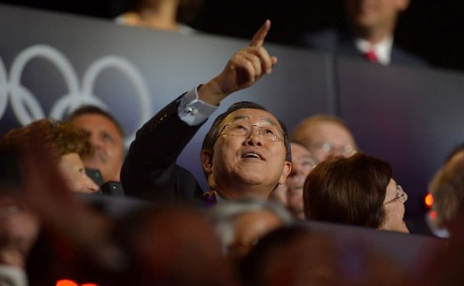 General Secretary of the UN Ban Ki-moon gestures during the opening ceremony of the London 2012 Olympic Games. AFP General Secretary of the UN Ban Ki-moon gestures during the opening ceremony of the London 2012 Olympic Games. AFP