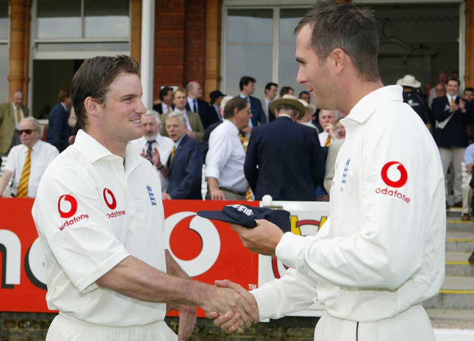 Back in time: Michael Vaughan presents Andrew Strauss with his first test cap during the first nPower test match between England and New Zealand at Lord's. Getty Images Back in time: Michael Vaughan presents Andrew Strauss with his first test cap during the first nPower test match between England and New Zealand at Lord's. Getty Images