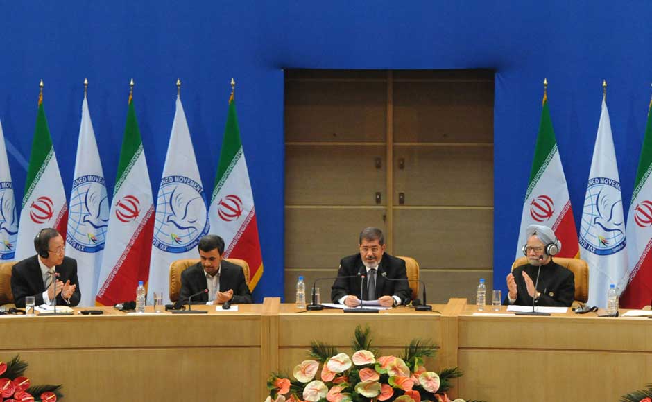 <br />Prime Minister, Manmohan Singh with the Egyptian President, Mohammed Morsi, the Iranian President, Mahmoud Ahmadinejad and the UN Secretary General, Ban Ki Moon, at the XVI Non-Aligned Movement (NAM) Summit, in Tehran, Iran on 30 August 2012. Image courtesy PIB <br />Prime Minister, Manmohan Singh with the Egyptian President, Mohammed Morsi, the Iranian President, Mahmoud Ahmadinejad and the UN Secretary General, Ban Ki Moon, at the XVI Non-Aligned Movement (NAM) Summit, in Tehran, Iran on 30 August 2012. Image courtesy PIB