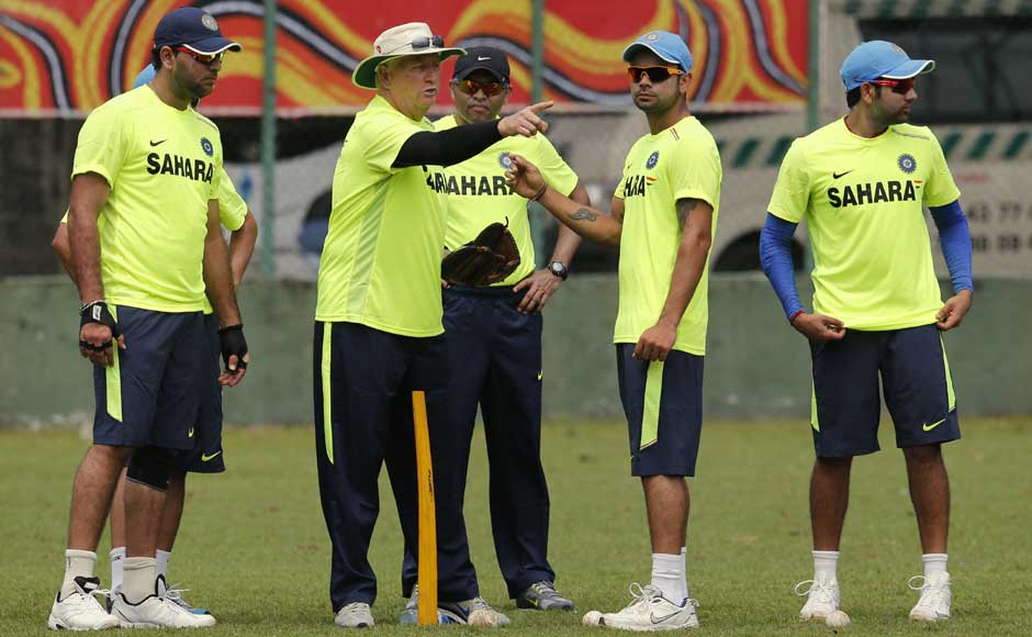 Duncan Fletcher gives instructions to his team during a practice session. The Indians will play Sri Lanka and Pakistan in a couple of warm-up games before the tournament. AP Duncan Fletcher gives instructions to his team during a practice session. The Indians will play Sri Lanka and Pakistan in a couple of warm-up games before the tournament. AP