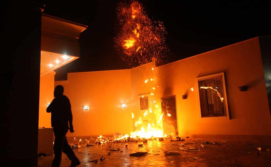 <br />The US Consulate in Benghazi is seen in flames during a protest by an armed group said to have been protesting a film being produced in the United States on 11 September 2012. US Ambassador to Libya J Christopher Stevens and three other staff members perished in the rocket attack, Libyan security sources said on Wednesday. Esam Al-Fetori/Reuters <br />The US Consulate in Benghazi is seen in flames during a protest by an armed group said to have been protesting a film being produced in the United States on 11 September 2012. US Ambassador to Libya J Christopher Stevens and three other staff members perished in the rocket attack, Libyan security sources said on Wednesday. Esam Al-Fetori/Reuters