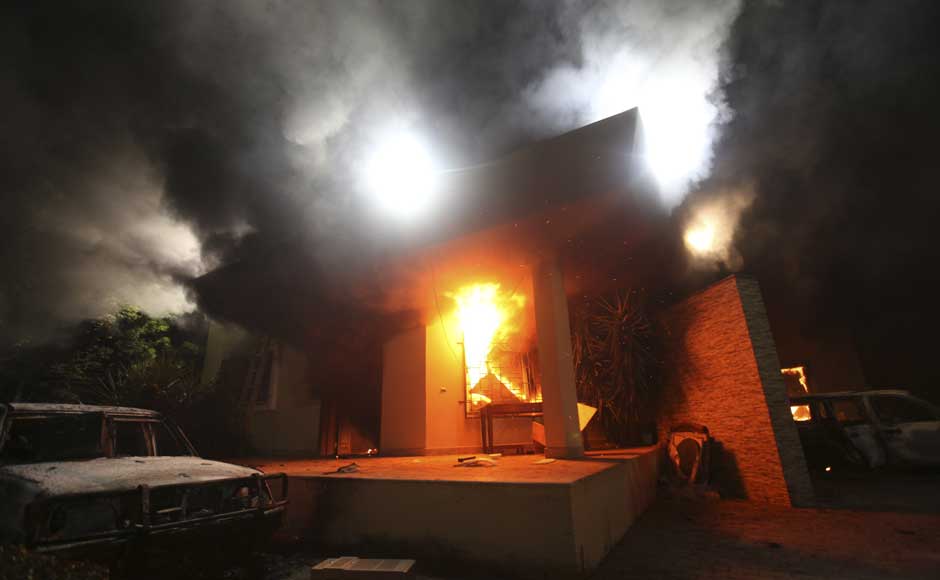 <br />The US Consulate in Benghazi is seen in flames during a protest by an armed group said to have been protesting a film being produced in the United States on September 11, 2012. US Ambassador to Libya J Christopher Stevens and three other staff members perished in the rocket attack, Libyan security sources said on Wednesday. Esam Al-Fetori/Reuters <br />The US Consulate in Benghazi is seen in flames during a protest by an armed group said to have been protesting a film being produced in the United States on September 11, 2012. US Ambassador to Libya J Christopher Stevens and three other staff members perished in the rocket attack, Libyan security sources said on Wednesday. Esam Al-Fetori/Reuters