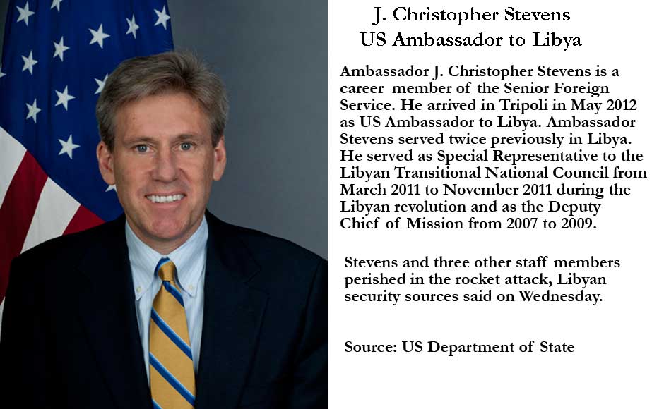 US Ambassador to Libya J Christopher Stevens was killed in a rocket attack in the Libyan city of Benghazi. Image source US Embassy to Libya US Ambassador to Libya J Christopher Stevens was killed in a rocket attack in the Libyan city of Benghazi. Image source US Embassy to Libya