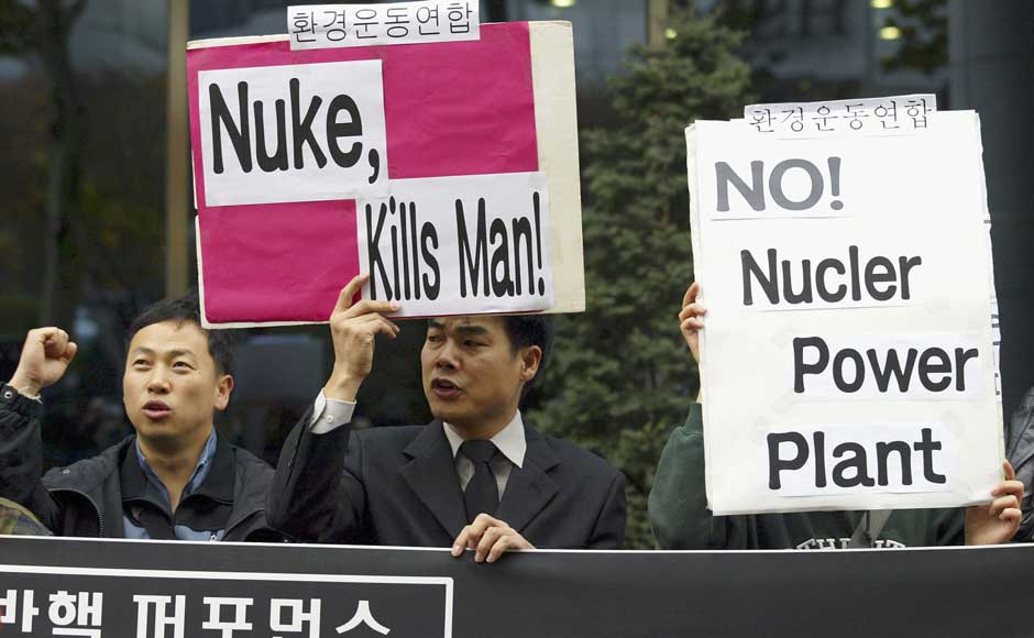 <br />South Korean environmental activists protest during a anti-nuclear rally in front of the French cultural center on 10 November 2004 in Seoul, South Korea. Chung Sung-Jun/Getty Images <br />South Korean environmental activists protest during a anti-nuclear rally in front of the French cultural center on 10 November 2004 in Seoul, South Korea. Chung Sung-Jun/Getty Images