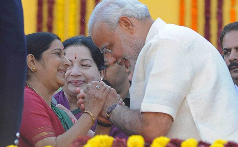 Gujarat Chief Minister Narendra Modi exchanges greetings with senior BJP leader Sushma Swaraj during his swearing-in ceremony at Sardar Patel Stadium in Ahmedabad. PTI Gujarat Chief Minister Narendra Modi exchanges greetings with senior BJP leader Sushma Swaraj during his swearing-in ceremony at Sardar Patel Stadium in Ahmedabad. PTI