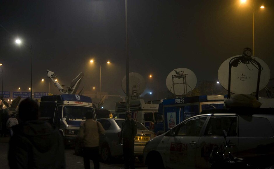 Television Channel OB vans outside Safdarjung Hospital in Delhi. Naresh Sharma/Delhi Television Channel OB vans outside Safdarjung Hospital in Delhi. Naresh Sharma/Delhi