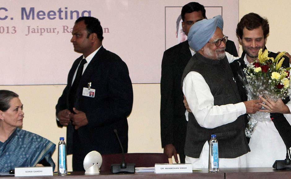 Prime Minister Manmohan Singh, second right, greets Rahul Gandhi after he was appointed Vice President of the Congress party, as party President Sonia Gandhi watches in Jaipur. AP Prime Minister Manmohan Singh, second right, greets Rahul Gandhi after he was appointed Vice President of the Congress party, as party President Sonia Gandhi watches in Jaipur. AP