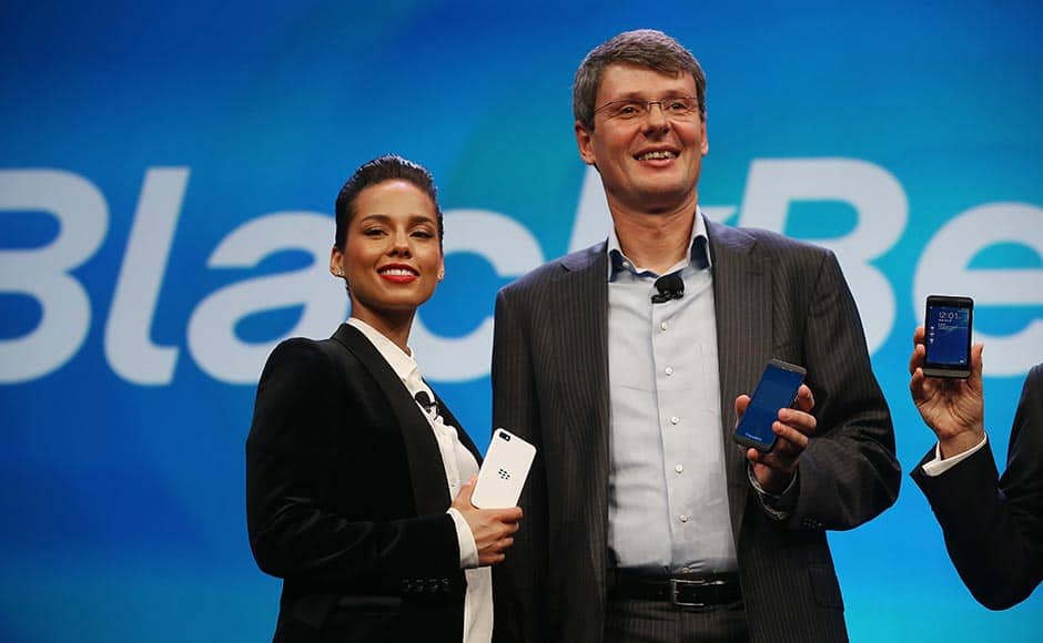  BlackBerry President and Chief Executive Officer Thorsten Heins (R) stands with new BlackBerry Global Creative Director Alicia Keys at the BlackBerry 10 launch event. Mario Tama/Getty Images 