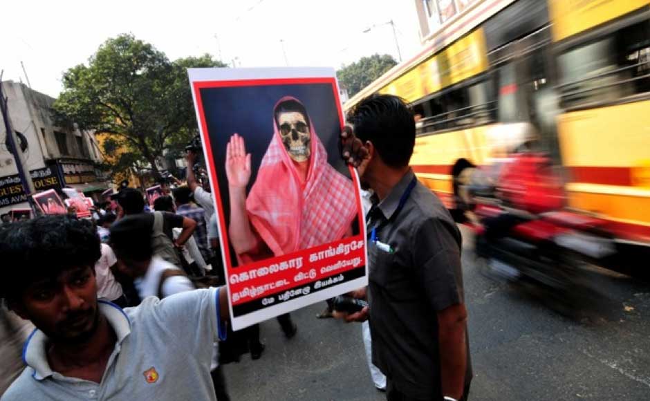 A protester at the protest rally against the Congress' inaction over the alleged war crimes in Sri Lanka. Firstpost A protester at the protest rally against the Congress' inaction over the alleged war crimes in Sri Lanka. Firstpost