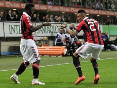 Sulley Muntari celebrates his goal with Kevin Prince-Boateng. Reuters