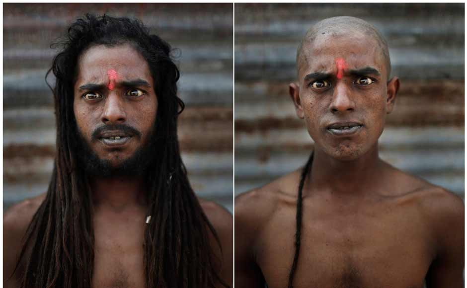 In this combination of two photos taken on 13 February, Hindu holy man Baba Vinod poses before, left, and after, right, he had his head and face shaved as part of an initiation ritual where he was to become Naga Sadhu. AP In this combination of two photos taken on 13 February, Hindu holy man Baba Vinod poses before, left, and after, right, he had his head and face shaved as part of an initiation ritual where he was to become Naga Sadhu. AP