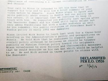 A declassified confidential National Security Council memo from a senior President Bill Clinton aide. aP