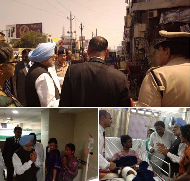 Prime Minister Manmohan Singh visits Hyderabad after the twin blasts on Thursday. Image courtesy PMO