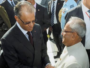 President Pranab Mukherjee is received by Mauritian Prime Minister Navinchandra Ramgoolam on his arrival at Port Louis airport, Mauritius on Monday. PTI