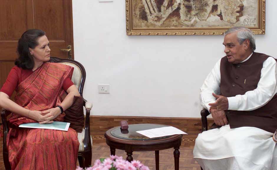 Sonia Gandhi with Prime Minister Atal Bihari Vajpayee. While the Congress lost the election, Sonia became the Leader of Opposition after the BJP came to power. Reuters