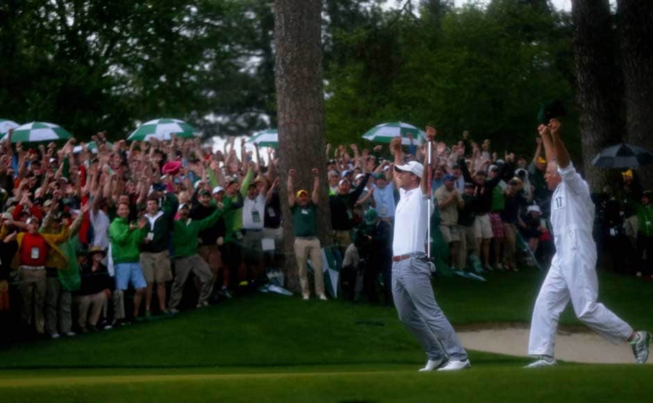 Scott and his caddy Steve Williams react after winning the Masters. Getty Images