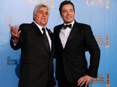 The old and the new: Jay Leno and Jimmy Fallon at the Golden Globe Awards earlier this year - Reuters