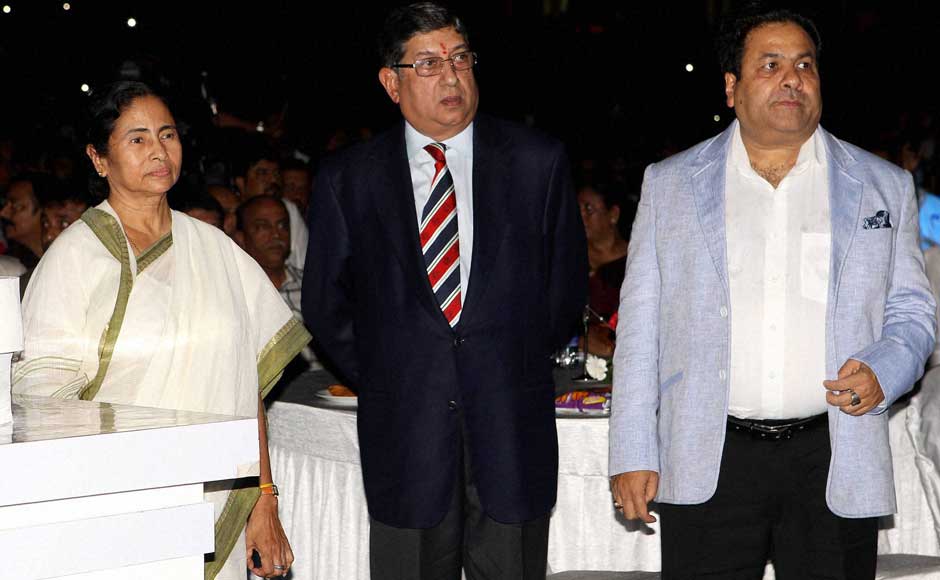 Don't they look happy: West Bengal Chief Minister Mamata Banerjee with N Srinivathsan, President BCCI and Rajeev Shukla, Chairman, IPL during the Pepsi Indian Premier League opening ceremony at the Salt Lake Stadium in Kolkata. PTI/BCCI