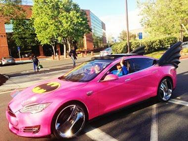 Sergey Brin in his pink 'batmobile.' Image from Corey Tabaka's Google Plus Account. 