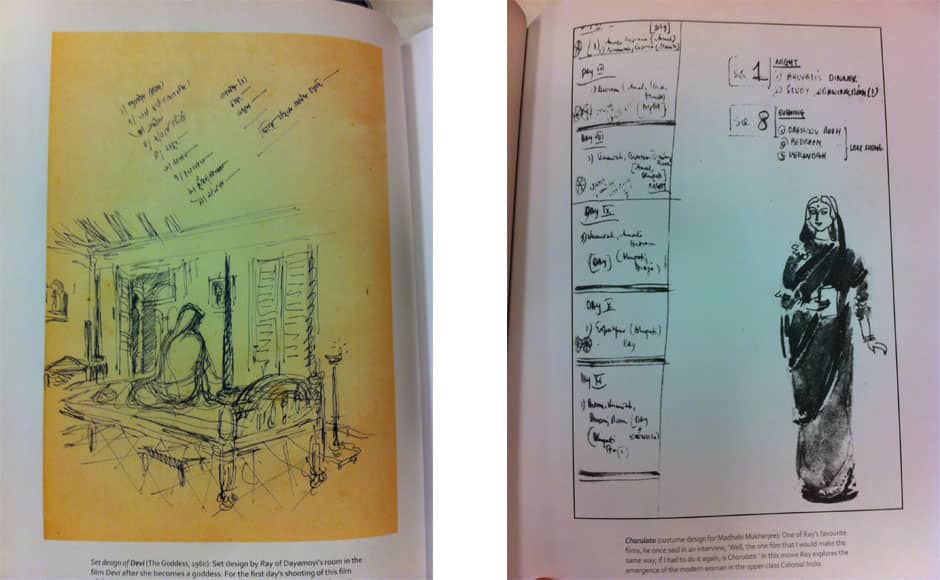 Left: Ray’s sketch of a scene from Devi. Right: One of Ray’s Charulata sketches. From Looking Beyond: Graphics of Satyajit Ray (Roli Books).