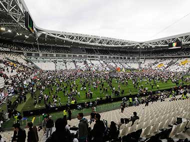 Juventus supporters celebrate at the end of a Serie A soccer match between Juventus and Palermo, at the Juventus stadium, in Turin, Italy. AP 
