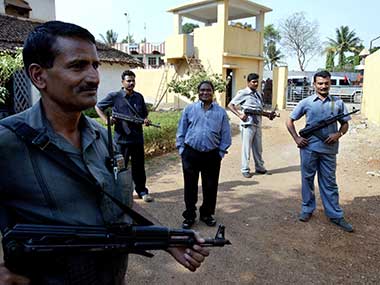 In this April 15, 2007 file photo, Mahendra Karma, center, lawmaker and founder of Salwa Judum, the government-supported militia to combat Communist rebels known as Naxalites, is surrounded by bodyguards at his residence in Jagdalpur. AP 